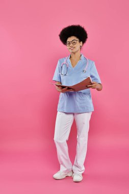breast cancer awareness, african american doctor, happy oncologist with folder, medical record clipart