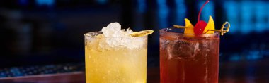 Egzotik negroni ve caipirinha bar tezgahında taze süslemeler, konsept, pankart