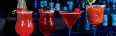 banner of refreshing cold cocktails, bloody mary, cosmopolitan, singapore sling and berry blues clipart
