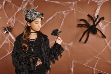 Arkaplanda örümcek ağları olan siyah gül tutan kurt maskeli güzel kız, Cadılar Bayramı konsepti.