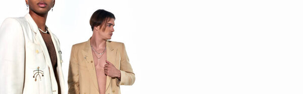 cropped view of african american male with his friend on backdrop, elegant suits, fashion, banner