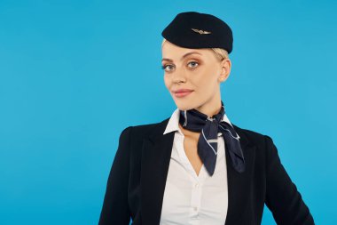 professional headshot of charming stewardess in inform with neckerchief looking at camera on blue clipart