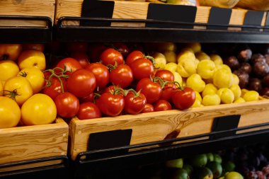 Markette taze kırmızı ve sarı domatesli parlak sebze tezgahının nesne fotoğrafı, hiç kimse