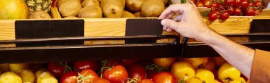 cropped view of mature male seller putting price tag on stall with fruits and vegetables, banner clipart