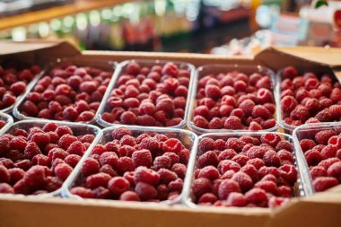 object photo of huge amount of packed nutritious raspberries at grocery store, farmers market clipart