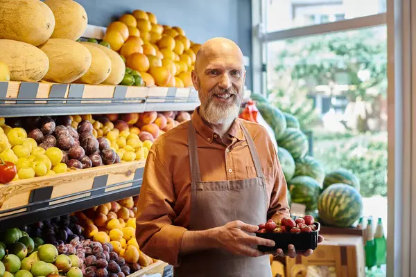 good looking mature happy seller with berries in hands smiling cheerfully at camera at grocery store