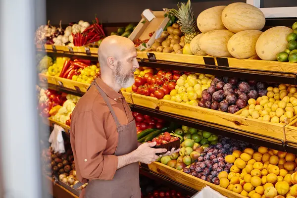 Olgun sakallı satıcı elinde çilekle marketteki ürün tezgahındaki meyvelere bakıyor.