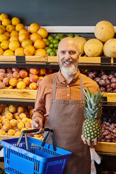 vertical shot of jolly bearded salesman posing with shopping basket and fresh pineapple in hands
