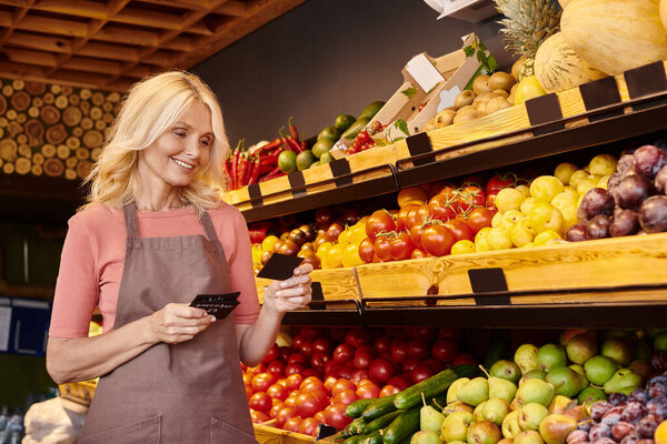 cheerful mature female seller looking at price tags and smiling joyfully next to grocery stall
