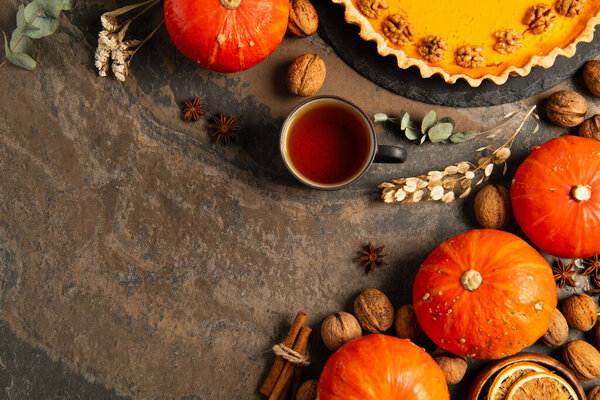 warm tea near thanksgiving pumpkin pie and ripe gourds on stone tabletop with spices and herbs