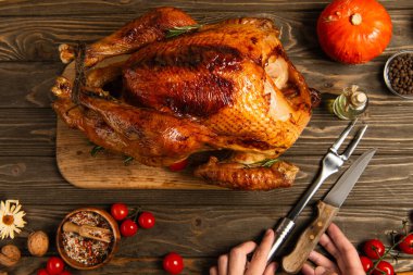 cropped view of man near knife and culinary fork near thanksgiving turkey and spices on wooden table clipart