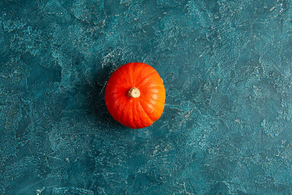 thanksgiving backdrop, one bright orange pumpkin on blue textured background, top-down perspective