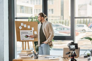 businessman pointing at flip chart with graphs and creating commercial video content in office clipart