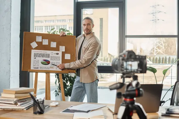manager in casual attire pointing at analytics on flip chart recording video blog on digital camera