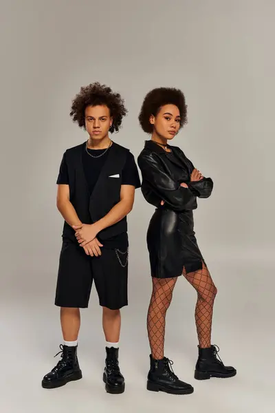 Attractive Trendy African American Siblings Fashionable Black Outfits Posing Actively — Stock Photo, Image