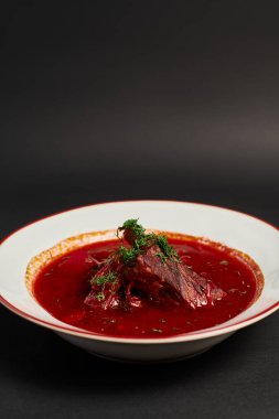 Ev yapımı yemek, geleneksel Ukrayna borsch 'u ve siyah arka planda seramik kasede sığır eti.