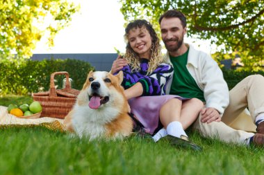 Mutlu kıvırcık kadın ve neşeli adam parkta yeşil çimlerde şirin bir Corgi sosisliyle pikniğin tadını çıkarıyor.
