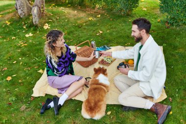 Mutlu kıvırcık kadın ve neşeli adam parkta yeşil çimlerde şirin Corgi sosislerinin yanında piknik yapıyorlar.