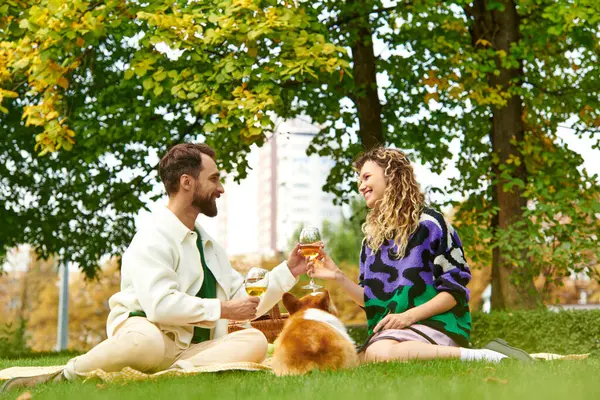 happy couple clinking glasses of wine while sitting on grass and having picnic with corgi dog