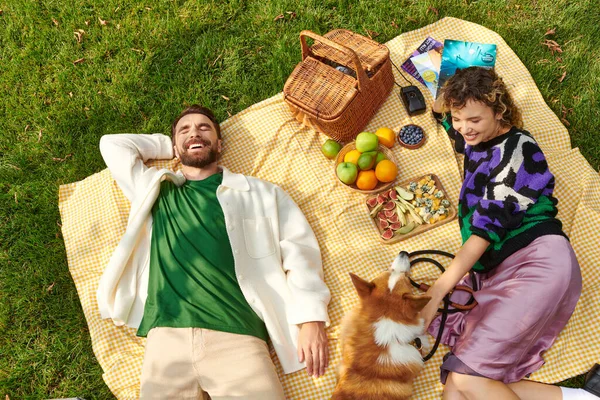 happy couple having picnic, resting and cuddling cute corgi dog on blanket next to delicious food