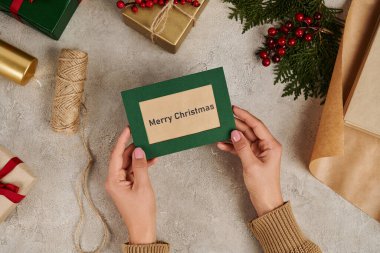 el yapımı mutlu noel tebrik kartı ile kesilmiş kadın ardıç dalları ve kutsal meyvelerin yanında