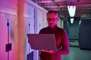 Sakallı ve balıkçı yakalı gözlüklü çekici profesyonel dizüstü bilgisayara dikkatle bakıyor.