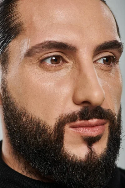 Close Shot Confident Bearded Arabic Man Black Turtleneck Posing Grey — Stock Photo, Image