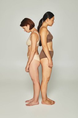 upset multicultural women in underwear standing back to back on grey backdrop, body shaming clipart