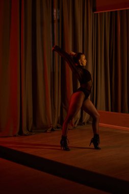 Yetenekli bir kadın, yüksek topukları ve file çoraplarıyla dansa olan aşkını sergiliyor.