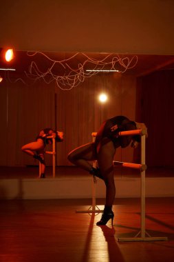 Tayt ve tayt giymiş zarif bir dansçı koreografisini bir barda mükemmelleştirir.