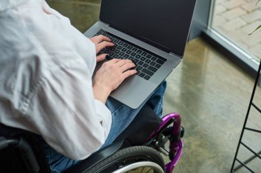 Ofisteyken bilgisayarını kullanarak tekerlekli sandalyedeki engelli, çalışkan iş kadını görüntüsü.