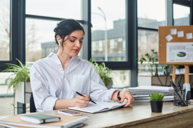 joyful attractive businesswoman with mobility disability in wheelchair with headphones taking notes clipart