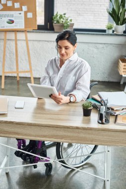 Tekerlekli sandalyedeki hareket engelli çekici, kendini işine adamış iş kadını tableti üzerinde çalışıyor.