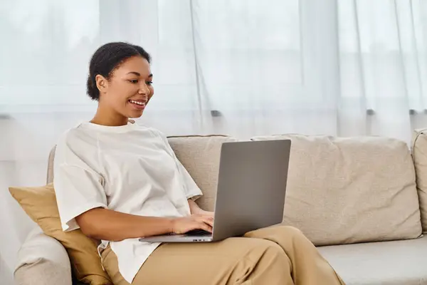 Happy African American Nutritionist Using Laptop While Working Home Living — Stock Photo, Image