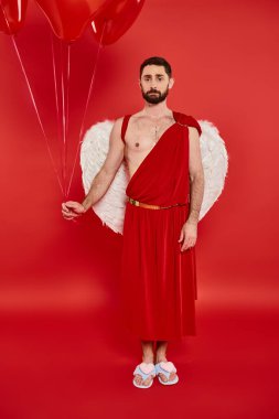 offended bearded man dressed as cupid with heart-shaped balloons on red, st valentines costume party clipart