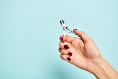 # Elinde gümüş tırnak makası # # Parlak mavi arka planda tırnak cilası olan #