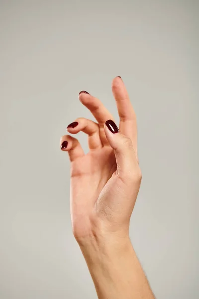 hand with dark nail polish of young unknown female model pointing up while on gray background