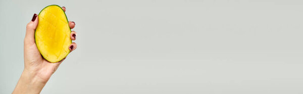 object photo of gourmet delicious mango in hand of young unknown woman on gray backdrop, banner