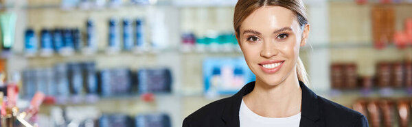 joyful beautiful elegant saleswoman in black chic blazer smiling happily at camera, banner