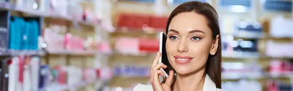 good looking jolly customer in elegant attire talking by phone while in cosmetics store, banner