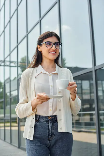 Stylish Businesswoman Savoring Moment Cup Coffee Modern Outdoor Office Setting — Stock Photo, Image