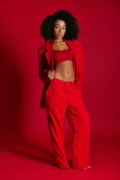 stock image appealing alluring african american woman in vibrant attire looking at camera on red backdrop