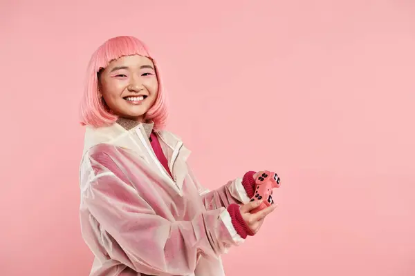 Joyeuse Asiatique Jeune Femme Dans Élégant Tenue Heureux Sourire Avec — Photo