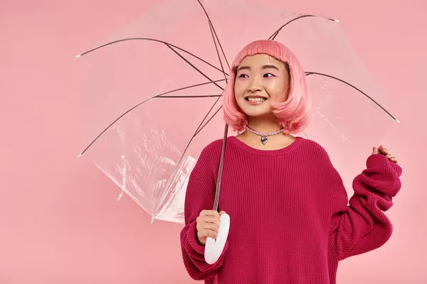 Pretty Asian Woman Standing Umbrella Looking Side Pink Background — Stock Photo, Image