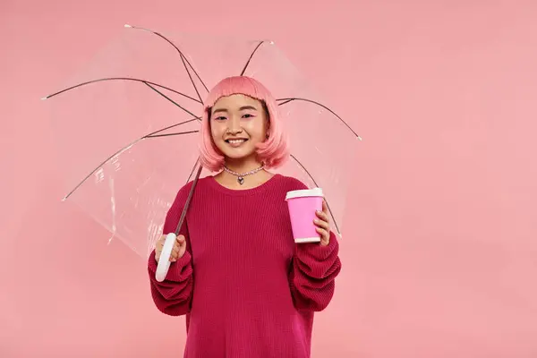 Charming Asian Young Woman Standing Umbrella Cup Coffee Pink Background — Stock Photo, Image