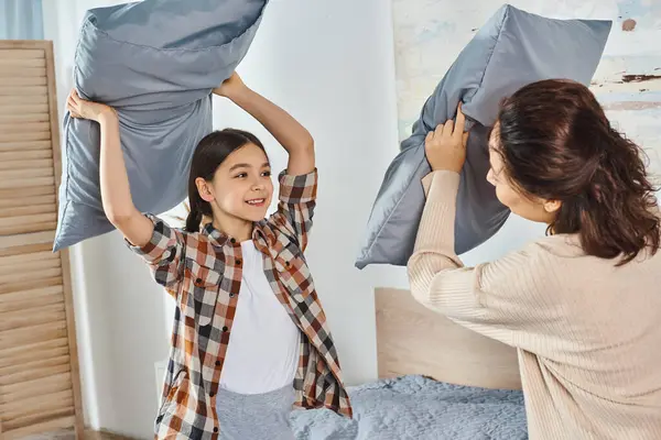 Girl Lovingly Holds Pillow Head Sharing Moment Tenderness Comfort Home — Stock Photo, Image