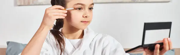 Brunette Girl White Bathrobe Sits Bed Applying Makeup Her Face — Stock Photo, Image
