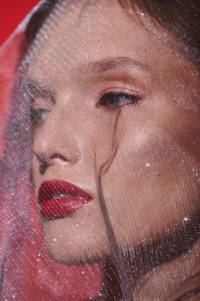 Молодая женщина излучает классическую красоту, когда она позирует в студии, ее голова украшена тонкой вуали.