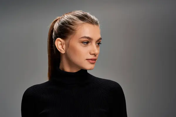 Young Woman Long Hair Wearing Black Turtleneck Sweater Exudes Elegance — Stock Photo, Image