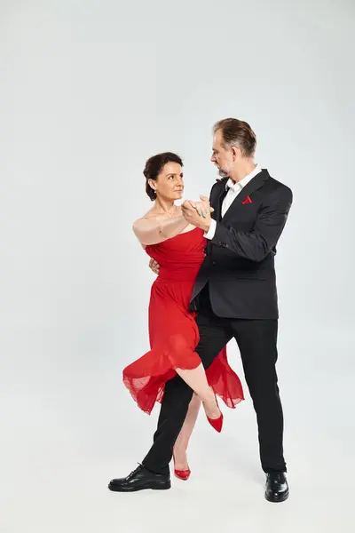 Ballroom Dance Middle Aged Couple Red Dress Suit Dancing Tango — Stock Photo, Image